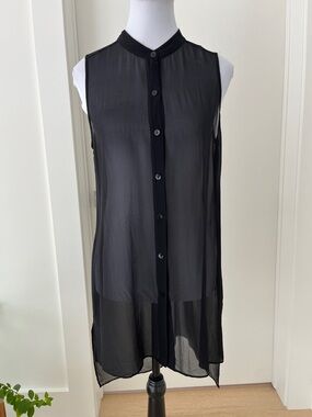 EILEEN FISHER Silk Sheer Sleeveless Hi Low Hem Mandarin Collar Tunic Lagenlook